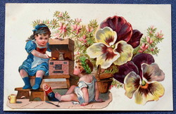 Antik litho képeslap  valódi dekupázs gyerekek játék konyhánál játék baba árvácskás lapon