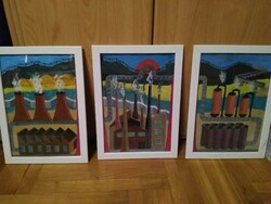 Színes építmények. Triptichon. Tempera festmény/ek/ XXI.sz.