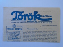 ZA430.8 Török A és Tsa osztálysorsjegy reklám -hátoldalás Halmay Gyusztávné Kőszeg hadikölcsön 1941