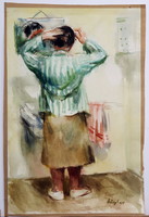 Fésülködő nő, jelzett akvarell 1955-ből