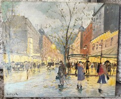 *Berkes Antal (1874 - 1938) - híres magyar festő, grafikus. Párizsi utca részlet. Olaj, vászon alap.