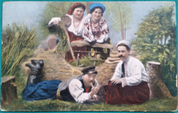 Antique greeting card, people in traditional Ukrainian costume, field mail, used