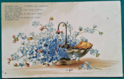 Antik virágos üdvözlő képeslap ,nefelejcs ,futott