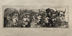 Miklós grandpierre of Cluj (1950-) etching titled surreal heads (1970) /8x23 cm/