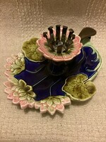 Rare majolica water lily walking candle holder