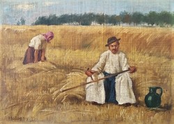 Hollóssy b. A resting harvester. Signed oil painting.