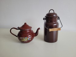 Enamel old vintage small iron milk jug 1 l enameled peacock pattern coffee pot budafok