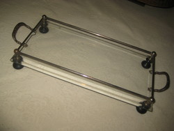Glass tray with polished edges, metal frame, turned wooden legs, 32 x 16 cm