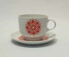 Alföldi porcelán, piros "GABRIELLA" mintás, 6 darabos kávés készlet, csésze + kistányér, retro