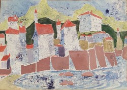 Gábor Durkó (1916-2003): houses with red roofs - monotype, tempera