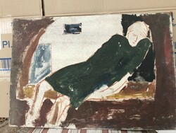 Modern painting of a resting woman, oil, wood fiber, circa 1960