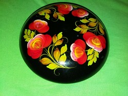 Gyönyörű népművész kézzel festett lakk fa virágos kör alakű bonbonier asztaldísz 17 cm képek szerint