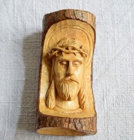 Faág részletbe faragott Jézus Krisztus fej , arc 14 cm kézműves termék faragás (01)