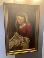 Madonna Jézussal olaj festmény, osztrák festő Anton Krejca