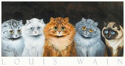 Louis wain five cats 1901 drawing art poster, red white gray kitten siamese, kid image