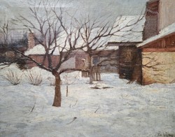 Snowy rooftops - winter street scene with Fabian sign - oil painting