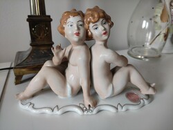 Két bájos pufók angyal, sziesztázó putto pár, Alpro román porcelán