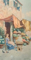 Natale Gavagnin :A zöldségárus lány - mediterrán akvarell utcakép -