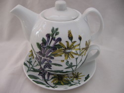 Egyszemélyes botanikás teás kanna csészével, tányérral