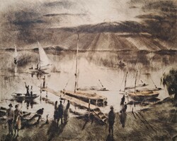 József Kórusz: Balaton beach scene with sailboat - etching