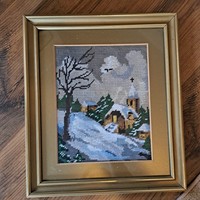 Handmade tapestry with winter landscape pattern 32x36 cm with frame