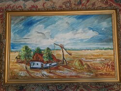 László Erdős' farmstead oil painting 58x88 cm with frame