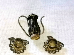 Antique, lace-patterned, rare, some kind of metal tea pourer with two mini cups, spoon, for a doll's house. 81.