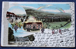 Nagy-Rőcze mozaik képeslap Főtér vendéglő/Murányi u/ áll felső Keresk isk/látkép szec litho 1899
