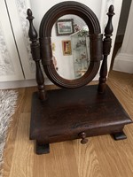Antique carved wooden shaver, vanity mirror with drawer, solid piece.