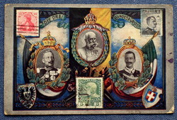 Die drei Bundesfürsten József Ferenc / Vilmos/ Viktor Emanuel portrait and stamp postcard 1913