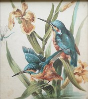 A pair of kingfishers. Old watercolor. Flawless!