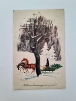 Old Christmas postcard with a picture of a postcard with a horse-drawn sleigh