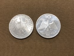 Silver 10 marks 2 pieces (1972 f, 1995 d)