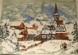 Rácz András - téli kisváros templommal - vegyestechnika