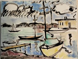 Contemporary painter Attila Korényi watercolor Balatonalmád coast with sailboats 1999. Without frame