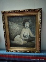 Sitting female nude, oil painting on canvas, painting in a gilded frame