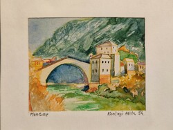 Korényi Attila kortárs festő Mostar kis akvarell karton 1994. keret nélkül