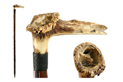 Carved walking stick with antler handle fox in the tree trunk in the hollow in the den walking stick deer antler handle