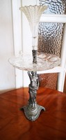 Antique art nouveau lady statue pewter spiater table centerpiece offering glass bowl and funnel.