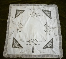 Embroidered madeira table cloth, antique needlework lace and lace edging 84 x 82 cm damaged!