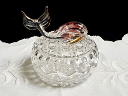 Glass bonbonier, sugar bowl with colorful dolphin handle