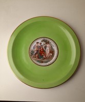 Antique scenic (4-shaped) porcelain cake plate, green with gold edge