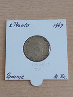 Spanish 1 peseta 1966 (67) aluminum-bronze, gral. Francisco franco in a paper case