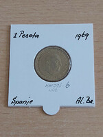 Spanish 1 peseta 1966 (69) aluminum-bronze, gral. Francisco franco in a paper case