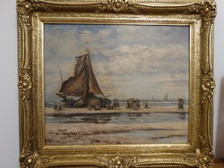 "Fisherman's port" Antique oil on canvas painting, signed