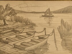 Korényi Attila kortárs festő balatoni nádas csónakokkal vitorlással monotipia vázlat keret nélkül