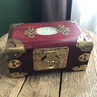 Old Chinese copper beaten wooden jewelry box with jade stone