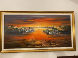 Bubelényi László: Lenyugvó Nap fénye a kikötőben, 50 x 70