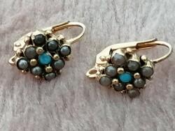 Gold earrings with antique pearls and turquoise stones