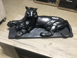 Art deco French fired ceramic panther with her cub. Large size 70 cm wide.